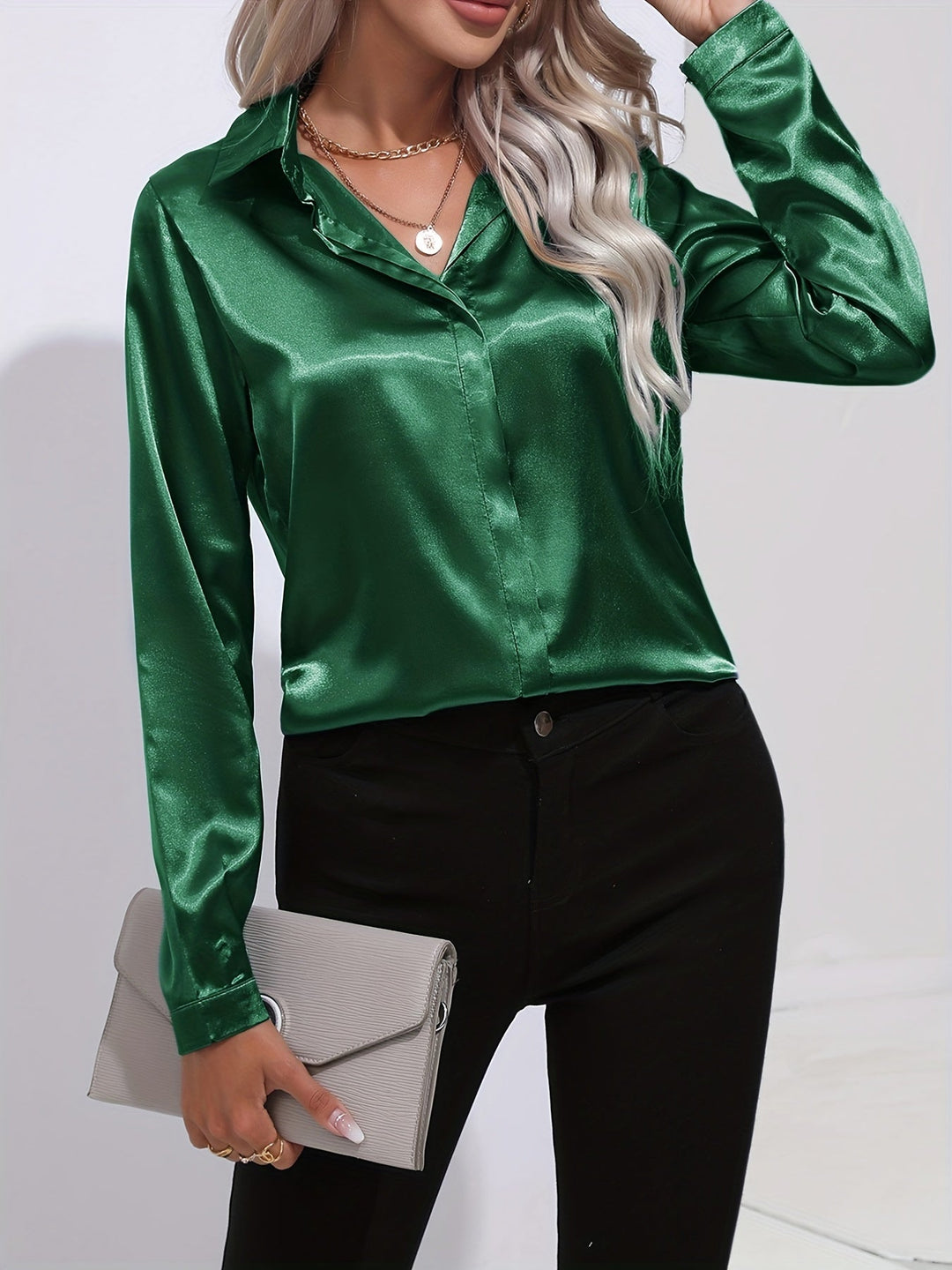 Levoire | Confiant De La Forme Chemise En Satin À Manches Longues Avec Boutons Vert foncé