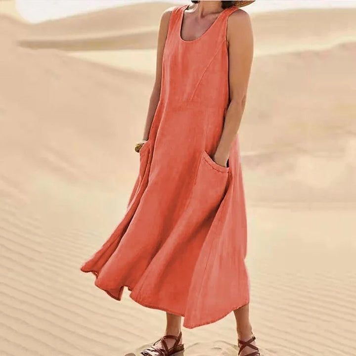 Levoire | Robe sans manches en coton et lin avec poches pour femme Orange