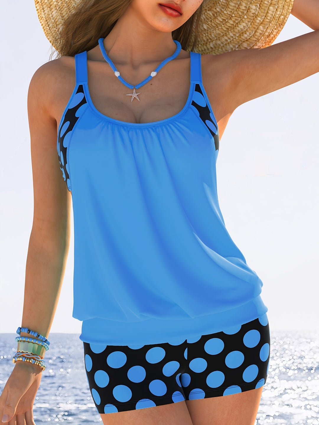 Levoire | Haut De Tankini À Pois Avec Top Flottant Pour Femmes Bleu vivant
