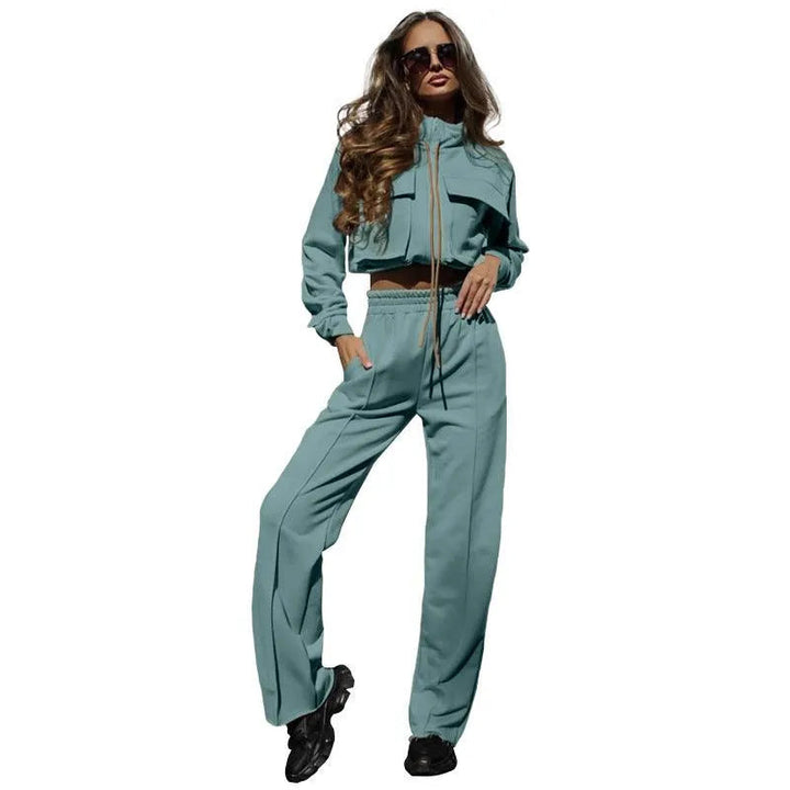 Levoire | Set, composé d'un pantalon décontracté et d'un haut avec fermeture éclair et cordon, avec des manches longues Gris Vert