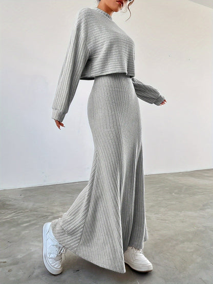 Levoire | Uten Manches Long Robe À Encolure Ronde Ensemble Tricoté À Deux Pièces Gris