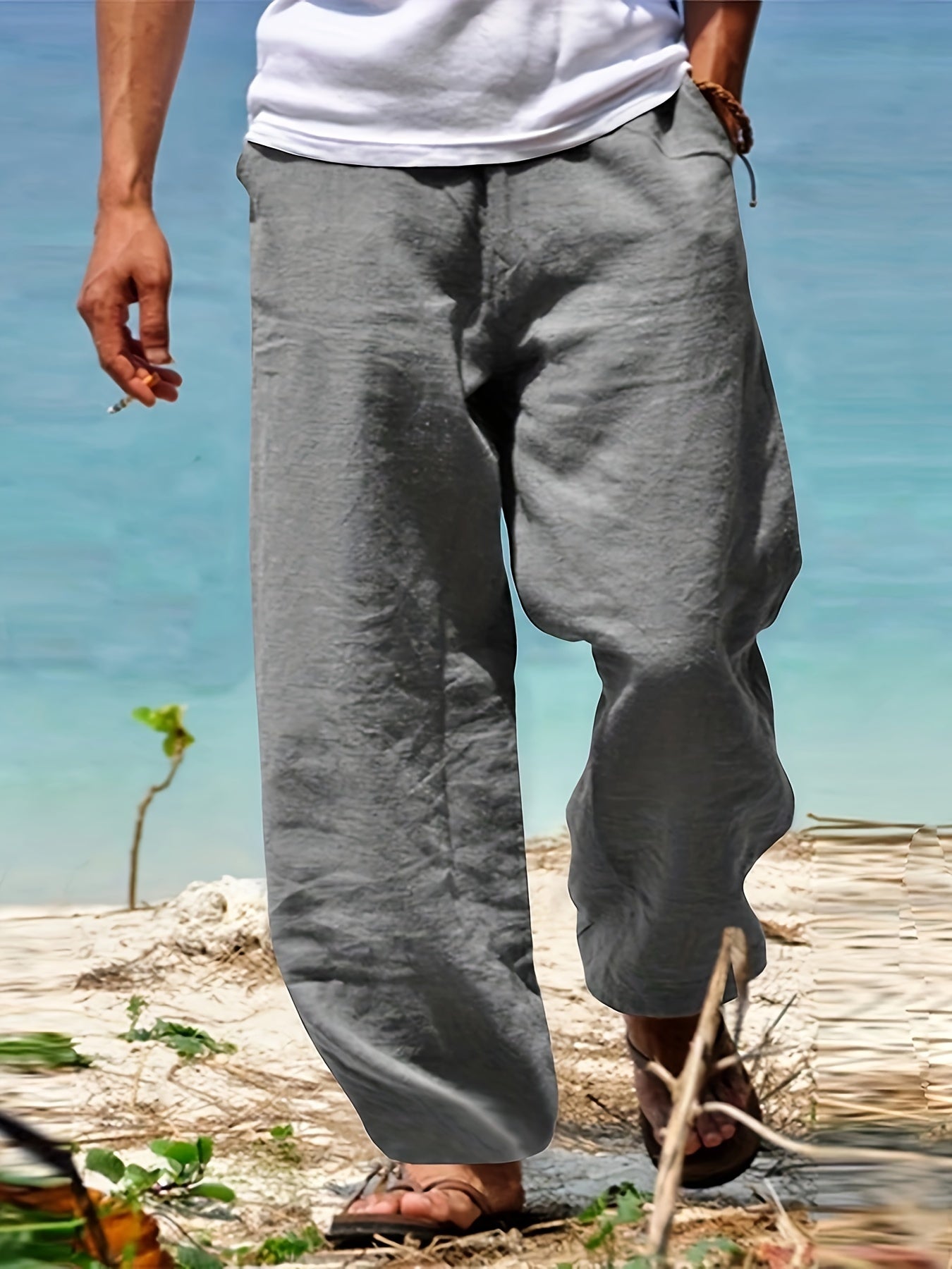 Levoire | Loisirs Coton Lin Pantalons Couleur Unie gris