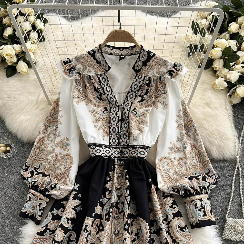 Levoire | Robe imprimée pour femmes avec des manches ballons et un décolleté en V