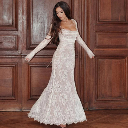 Levoire | Robe longue avec cordon et détails en dentelle Blanche