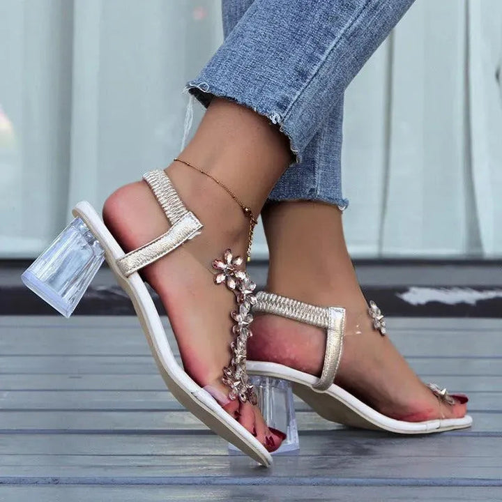 Levoire | Sandales à la mode avec des fleurs et un talon transparent carré