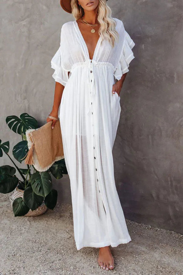 Levoire | Fairy Air Robe à encolure en V et à manches volantées Blanc Taille unique
