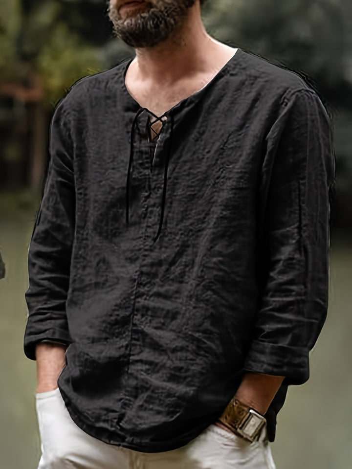 Levoire | T-Shirt Henley À Manches Longues En Mélange Coton-Lin Printemps/Automne