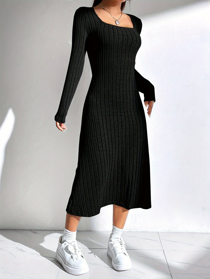 Levoire | Robe A-Ligne À Manches Longues Côtelée En Couleur Unie