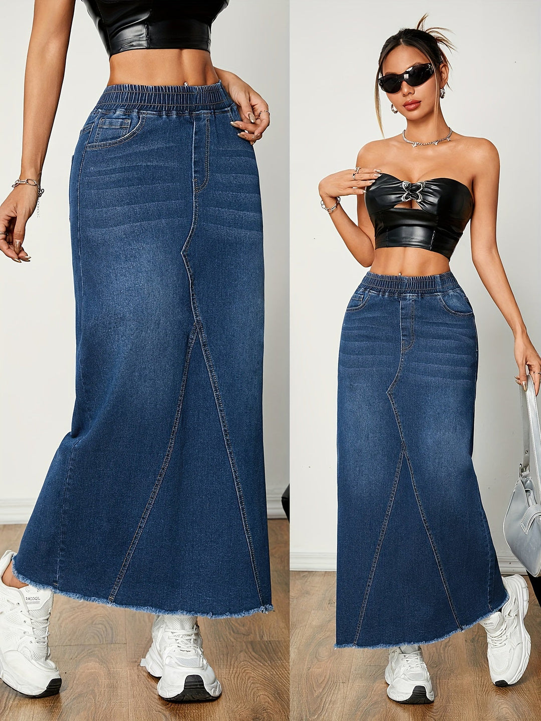 Levoire | Couleur Unie Bleu Lavé Jupe Maxi En Denim Streetwear Bleu nuit