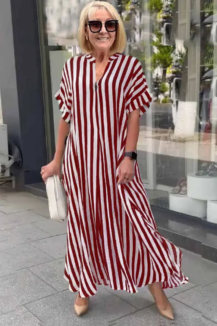 Levoire | Robe boho à manches courtes avec cardigan rayé fendu Rouge