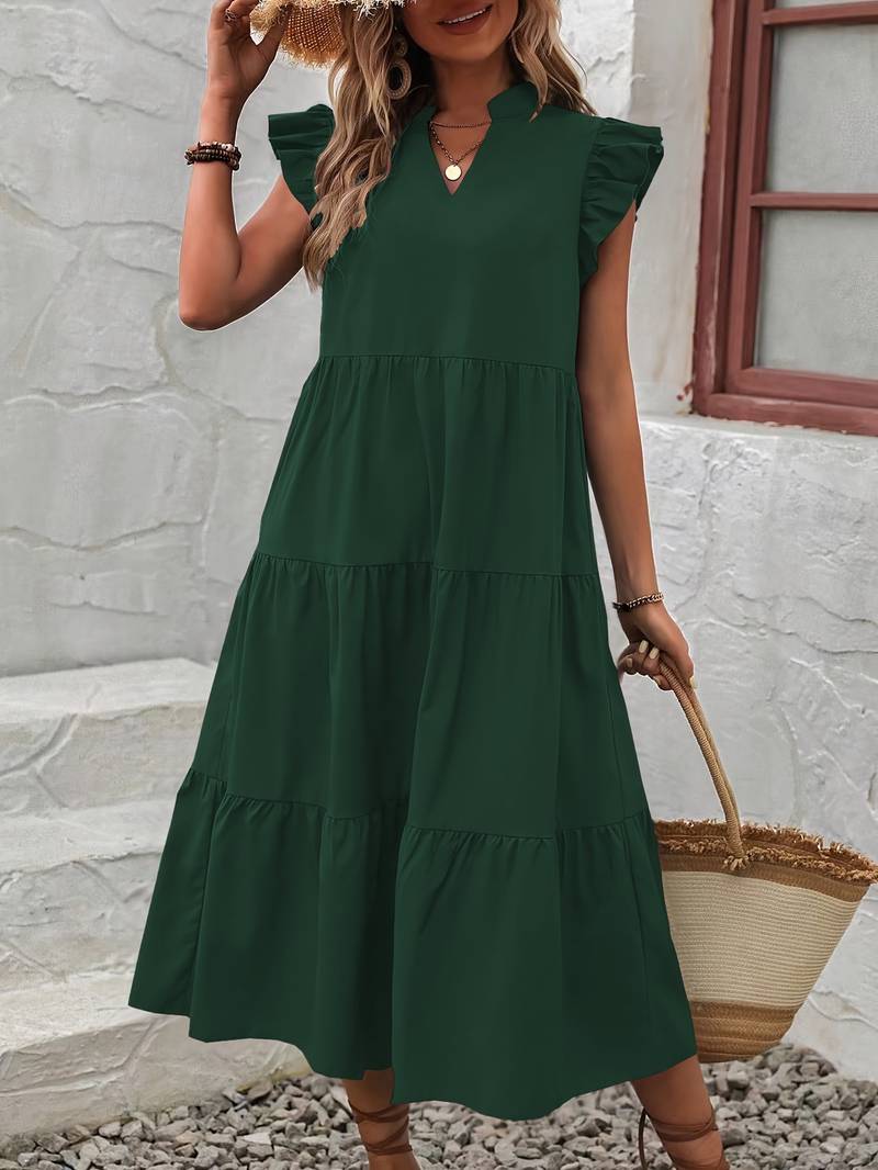 Levoire | Robe Élégante À Manches Volantées Pour Le Printemps Et L'Été Vert foncé