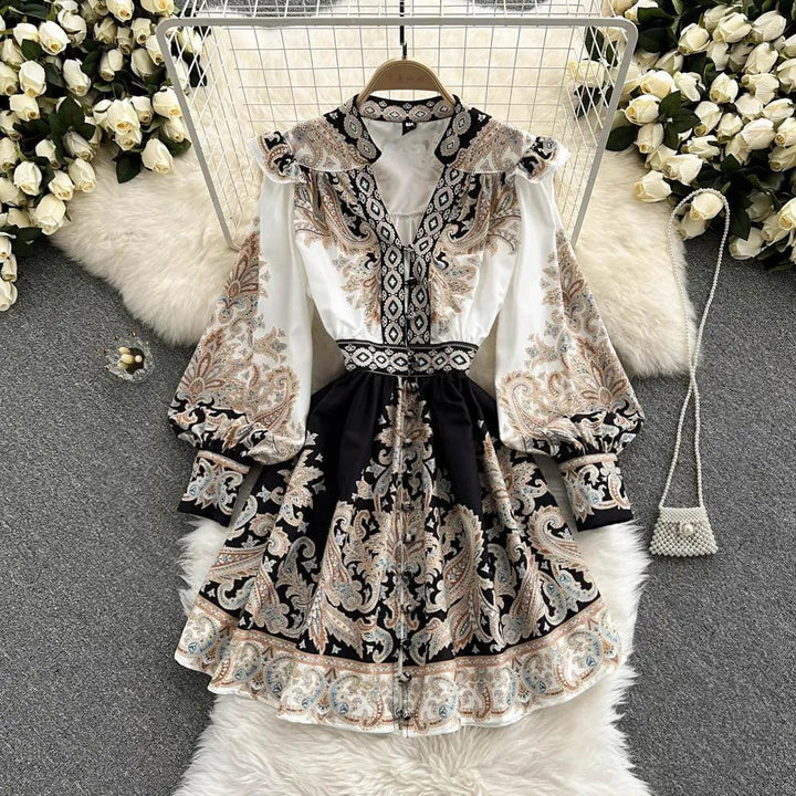 Levoire | Robe imprimée pour femmes avec des manches ballons et un décolleté en V Blanc