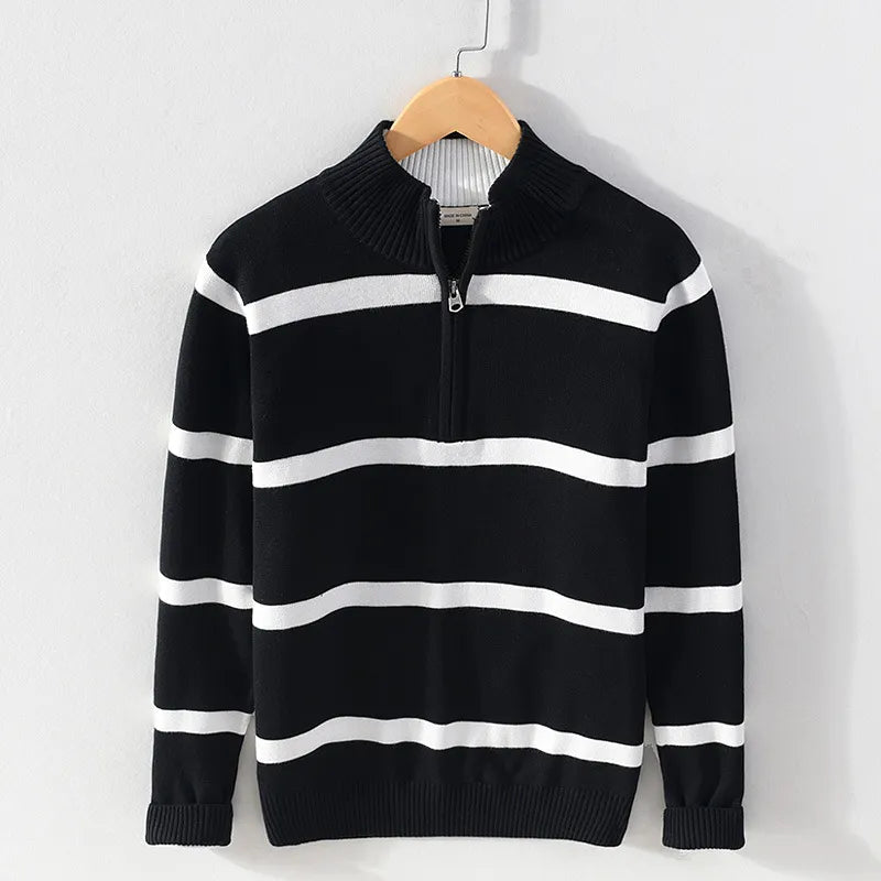 Levoire | Confortable Manches Longues Mi-Longue Zip Rayé Tricoté Noir