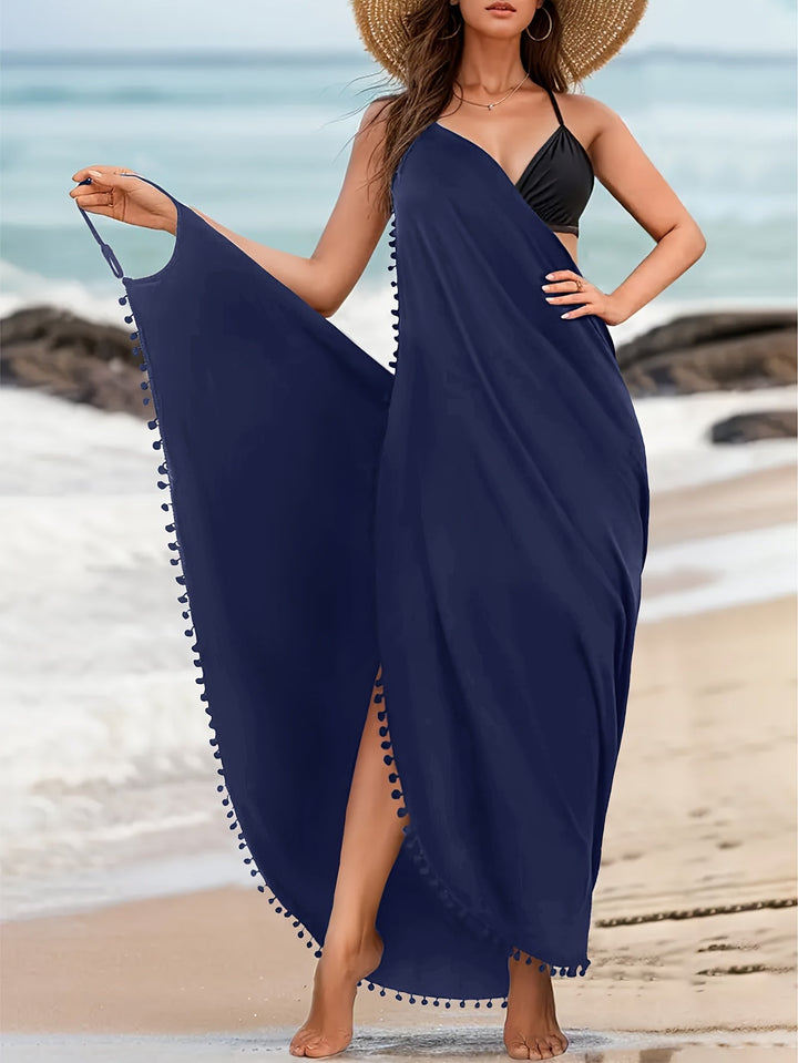 Levoire | Robe De Plage Maxi Unicolore Avec Des Décorations Pom Pom Et Décolleté En V Merikulho