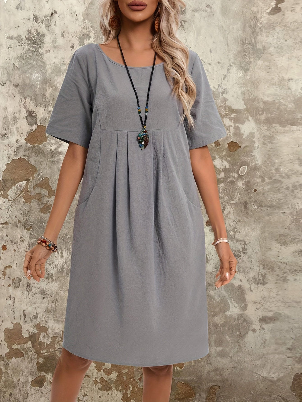 Levoire | Femme Robe Vintage À Manches Courtes - Gris