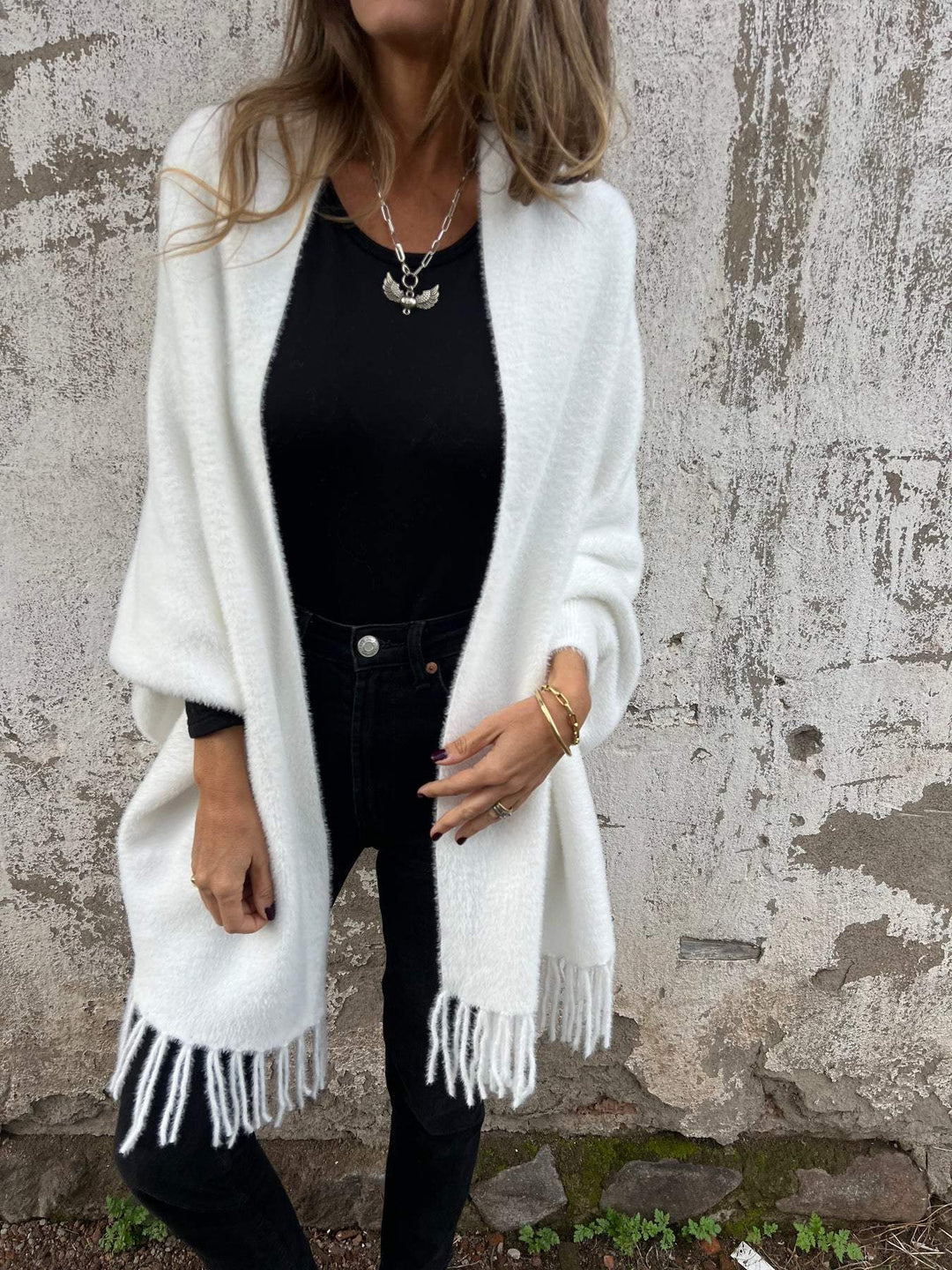 Levoire | Veste Femme Avec Manches Longues Et Franges Blanc
