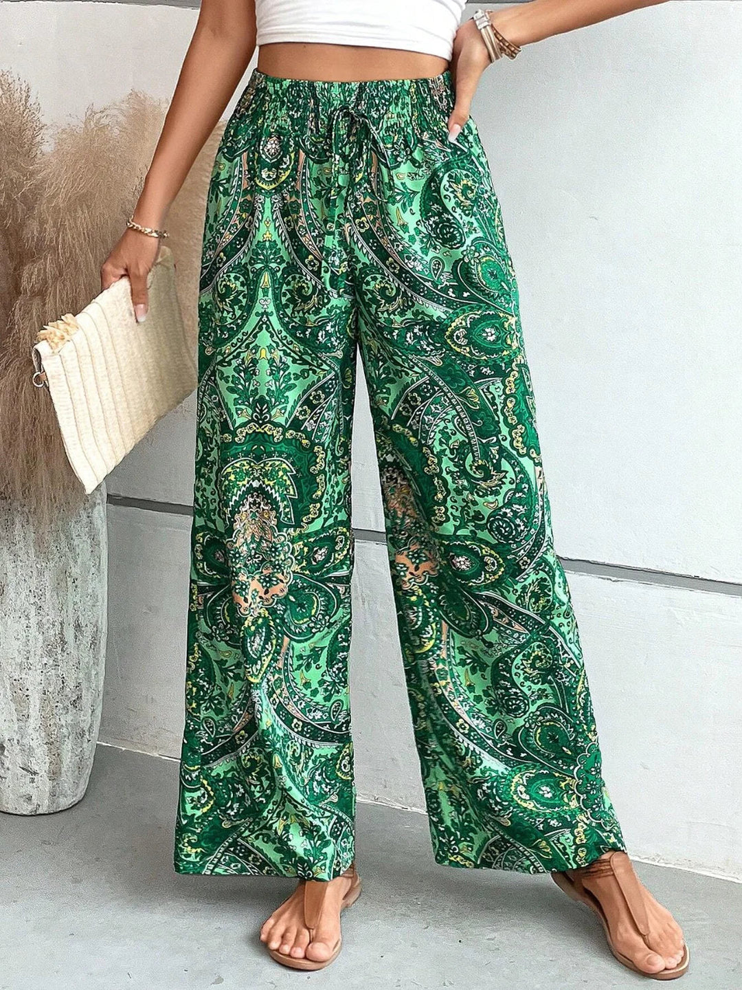 Levoire | Pantalon Rentous Taille Haute, Jambes Larges Et Imprimé Artistique Vert