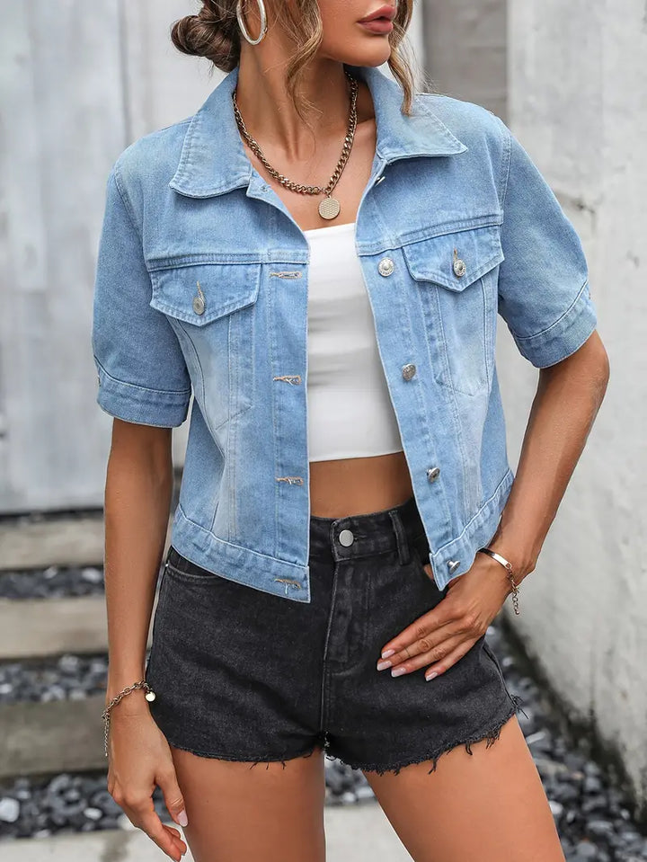 Levoire | Élégant Denim Jacket With Short Sleeves, Buttons, And Pockets