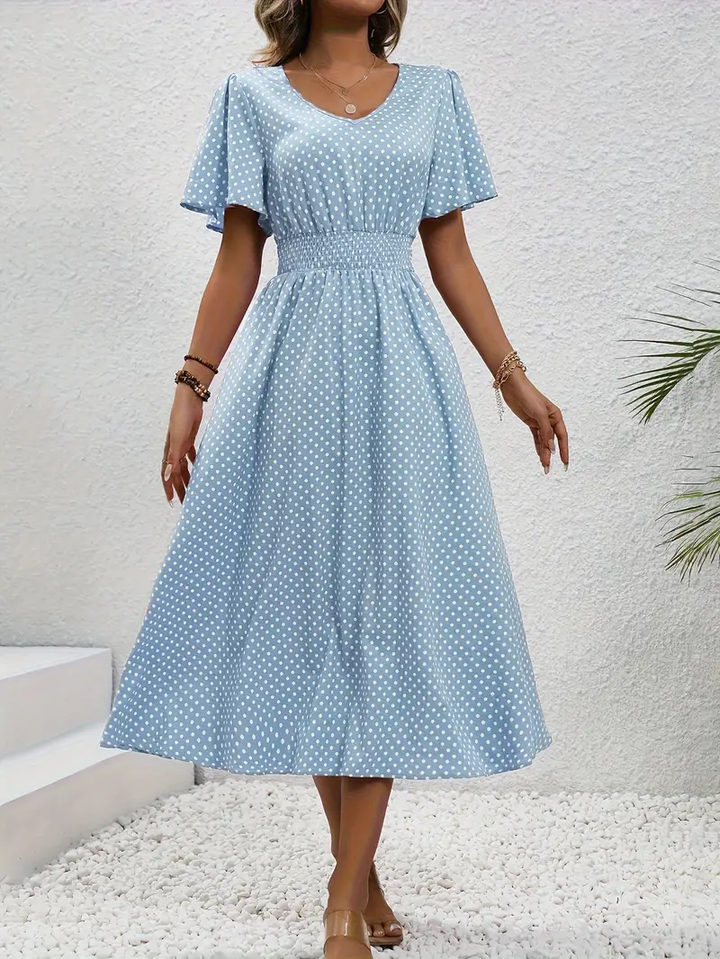 Levoire | Robe Taille Froncée Imprimée sur Toute la Surface, Robe Décontractée à Manches Courtes Bleu ciel