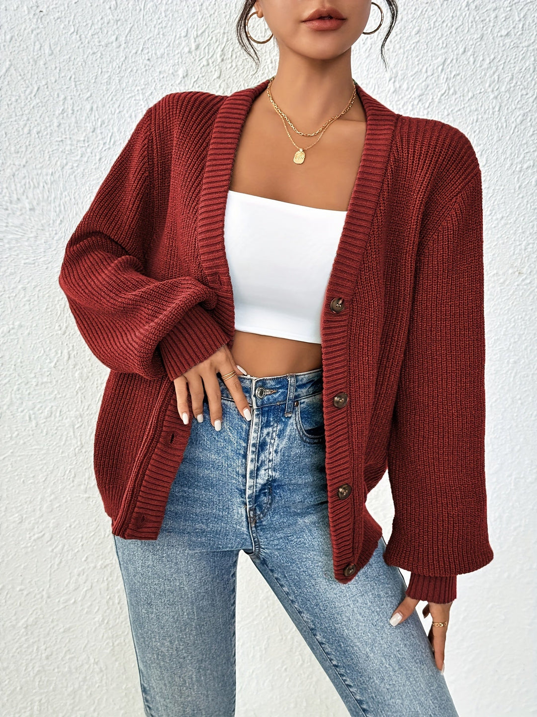 Levoire | Button Down Pull-Over En Tricot Rouge foncé-A