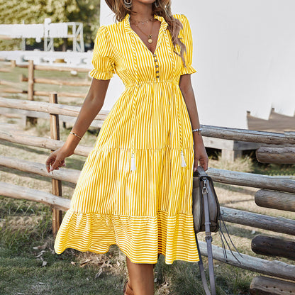 Levoire | Robe Maxi Boho Rayée Avec Volants Pour Femmes Jaune
