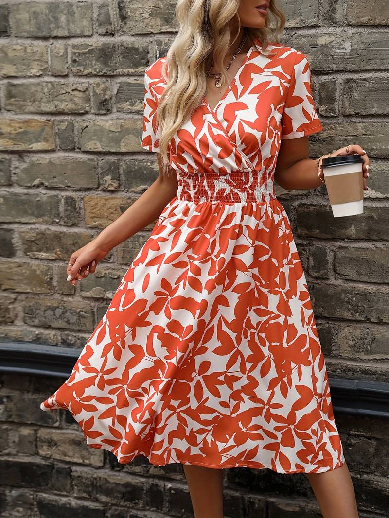 Levoire | Robe Portefeuille À Manches Courtes Avec Motif Floral Orange Rouge