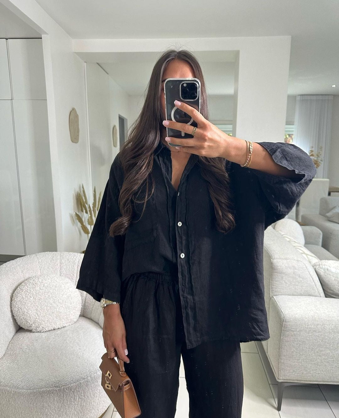 Levoire | Ensemble Élégant En Lin À Manches Longues Et Pantalons Noir