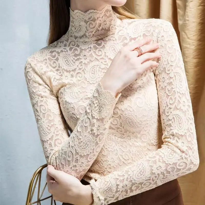 Levoire | Chic Slim Fiancé Col Montant Dentelle Pull À Manches Longues Beige