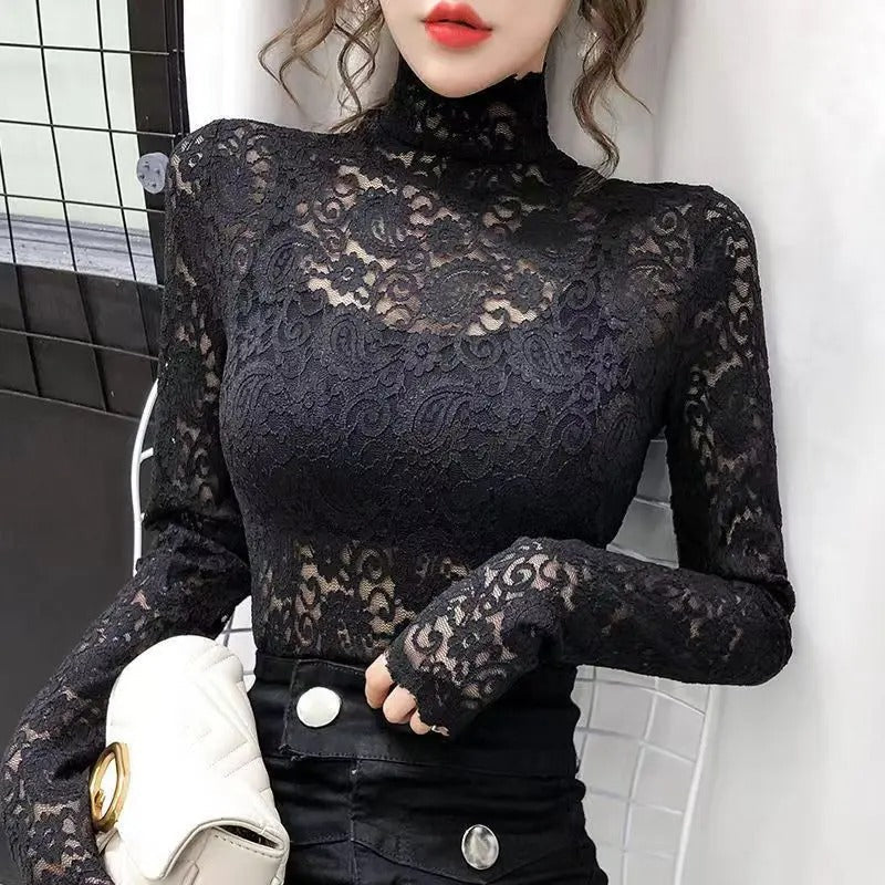 Levoire | Chic Slim Fiancé Col Montant Dentelle Pull À Manches Longues Noir