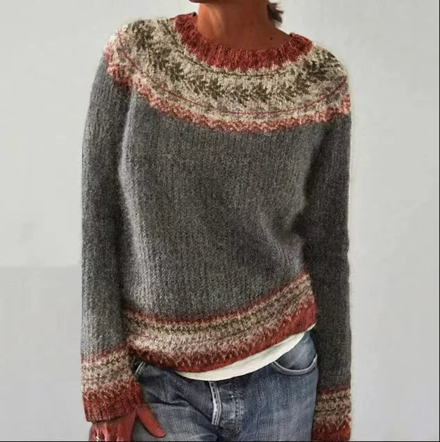 Levoire | Confortable Tricot Fair Isle Gris avec rouge