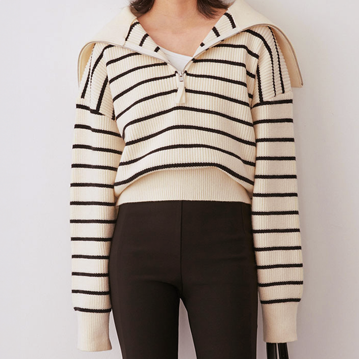 Levoire | Pull Manches Longues Rayé Fermeture Semi-Ventilée Blanc