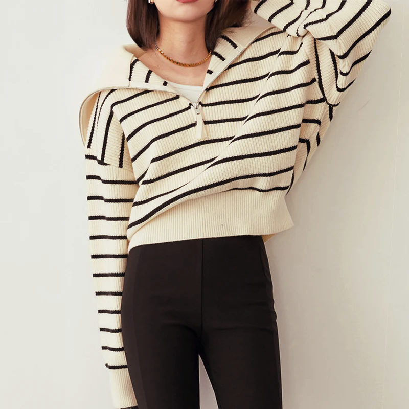 Levoire | Pull Manches Longues Rayé Fermeture Semi-Ventilée