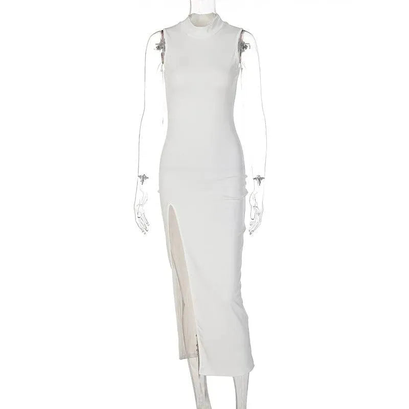 Levoire | Robe midi slim fit à encolure ronde et fente pour femmes Blanc