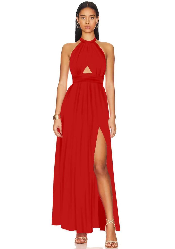 Levoire | Collier Croisé Dentelle Plissé Manches Maxi Robe Rot