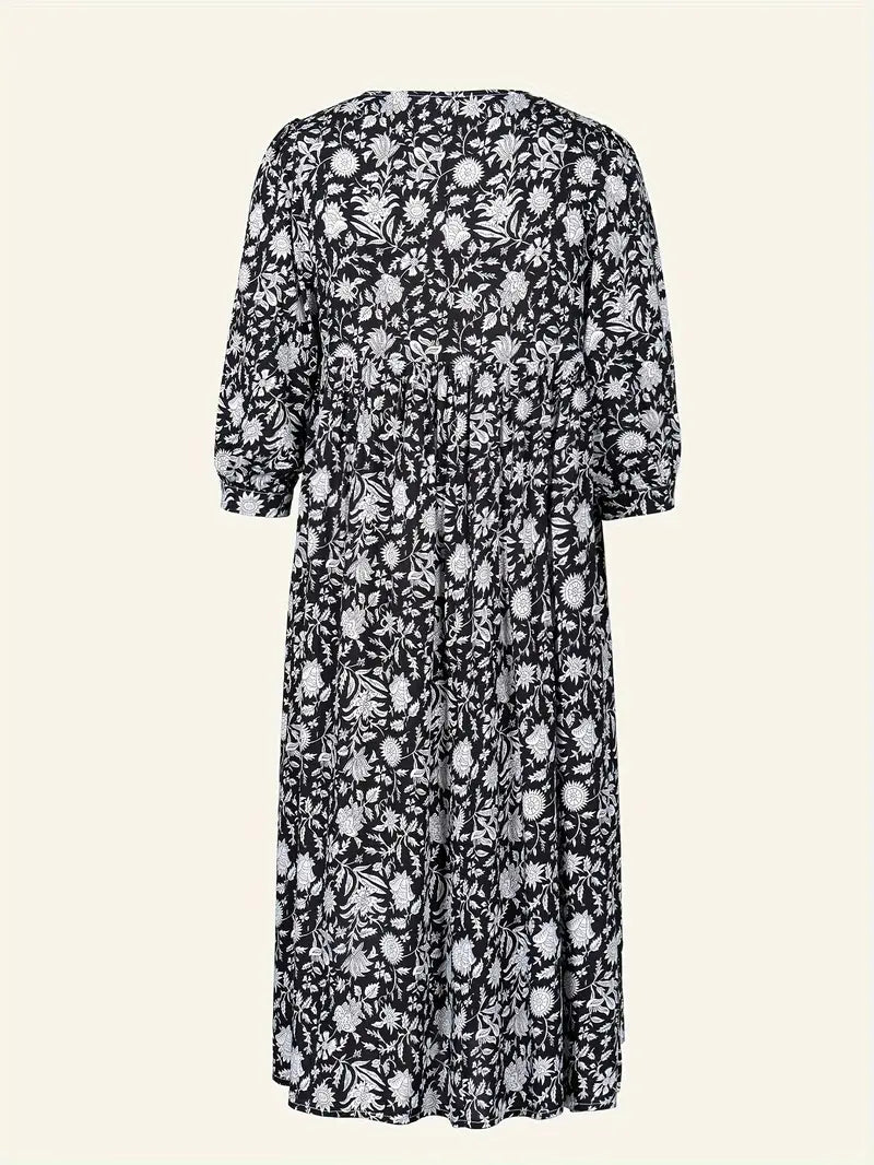 Levoire | Robe Maxi Boho Décontractée Avec Noeuds Décolleté En V Et Manches Courtes Noir + Blanc Cassé