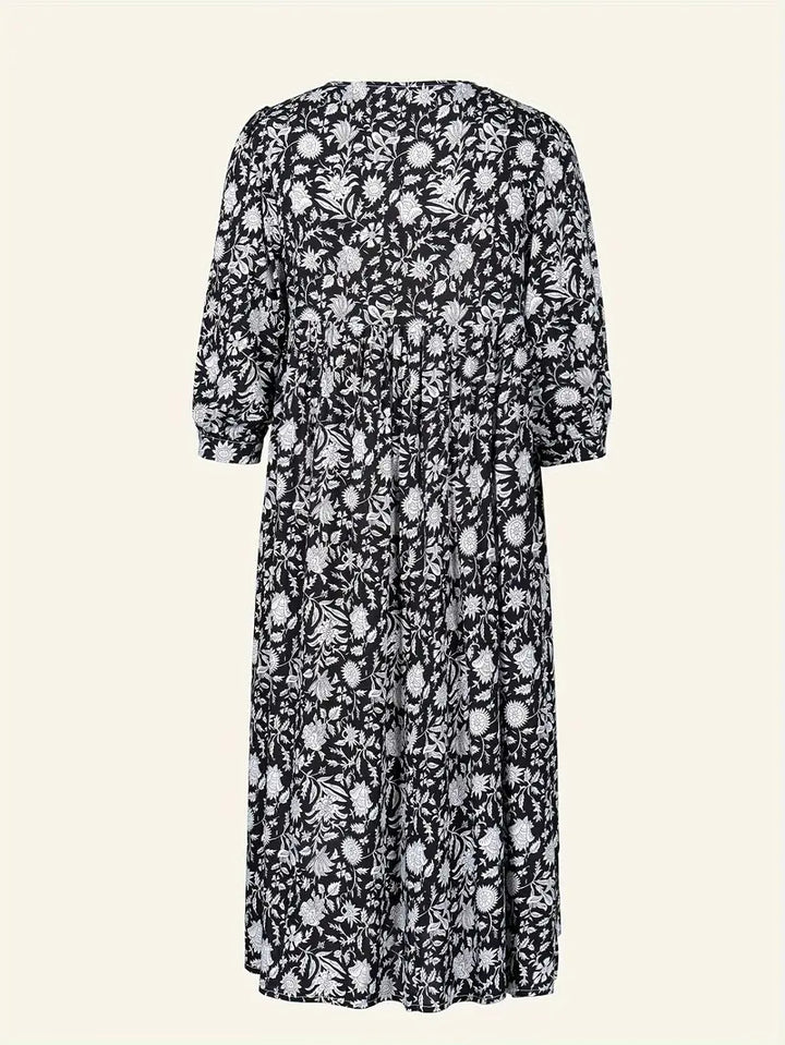 Levoire | Robe Maxi Boho Décontractée Avec Noeuds Décolleté En V Et Manches Courtes Noir + Blanc Cassé