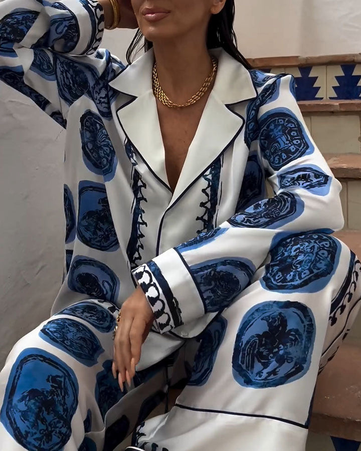 Levoire | Ensemble D'Été À Manches Longues Imprimé Bleu Et Blanc Bleu
