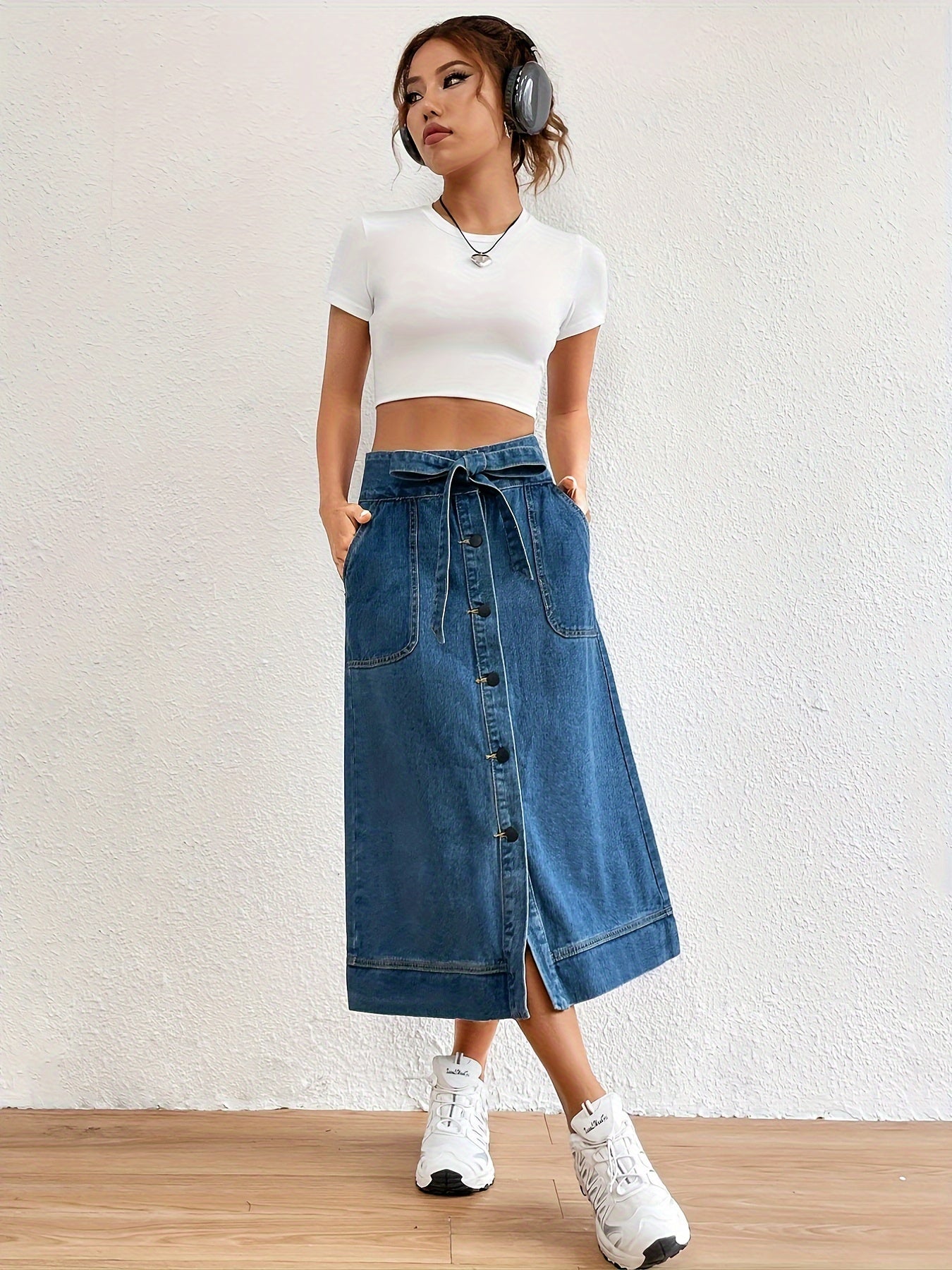 Levoire | Jupe Midi En Denim Uni Avec Ceinture À Nouer Roi bleu