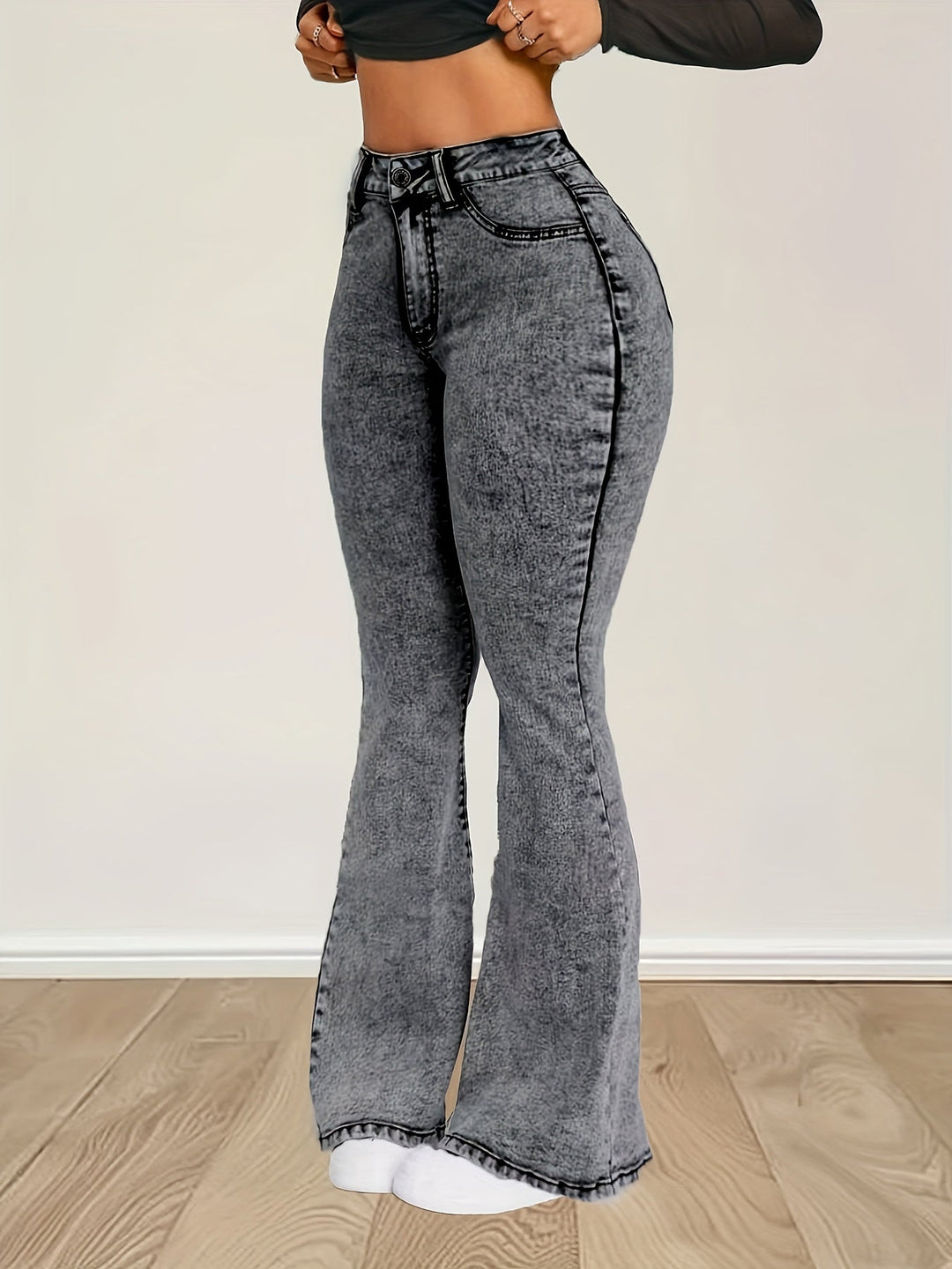 Levoire | Jean En Denim Stretch Gris Avec Taille Haute Et Boutons