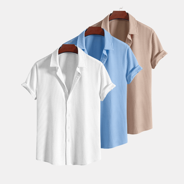 Levoire | 3 Pack Chemise Boutonnée Rippée De Confort Blanc Bleu clair Beige