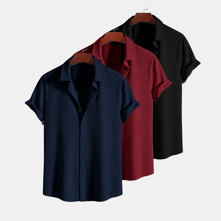 Levoire | 3 Pack Chemise Boutonnée Rippée De Confort Marine Marron châtaigne Noir