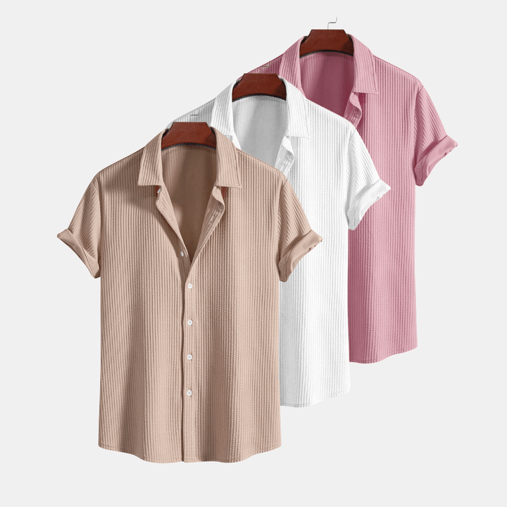 Levoire | 3 Pack Chemise Boutonnée Rippée De Confort Beige Blanc Rose pâle