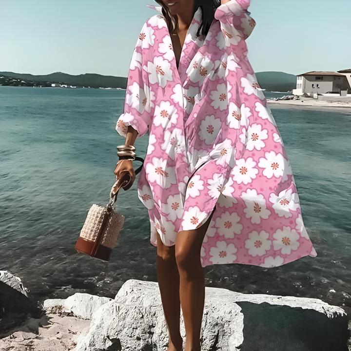 Levoire | Robe Chemise D'Été Légère Rosa avec des fleurs blanches