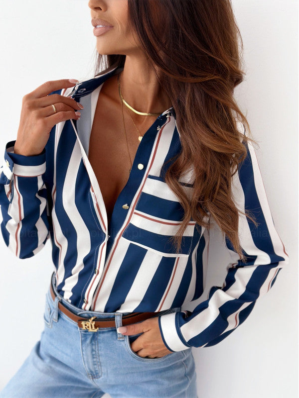 Levoire | Chemisier Femme Rangé Avec Impression Satin Blanc Bleu