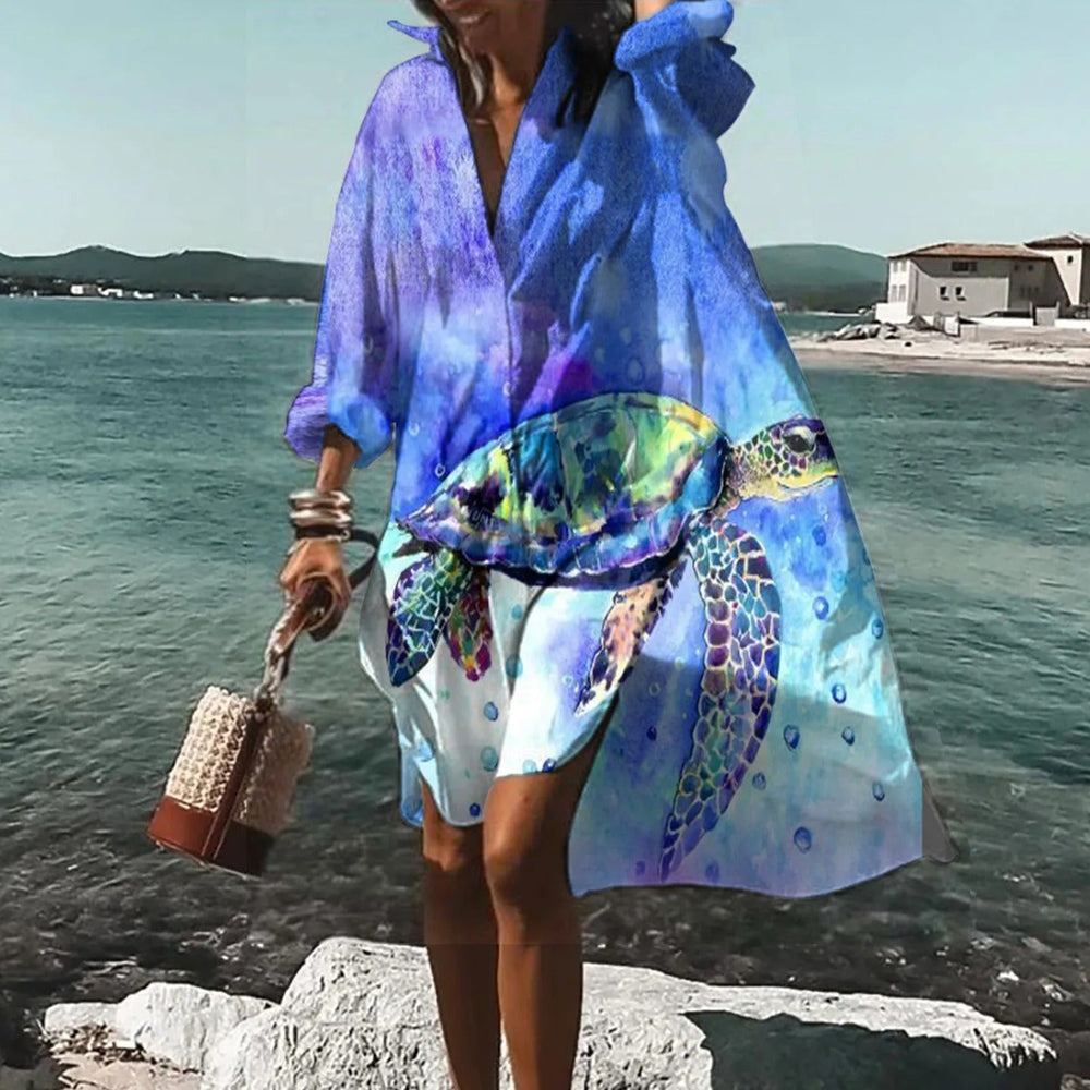 Levoire | Robe Chemise Légère À Manches Longues Pour Femmes Bleu océan