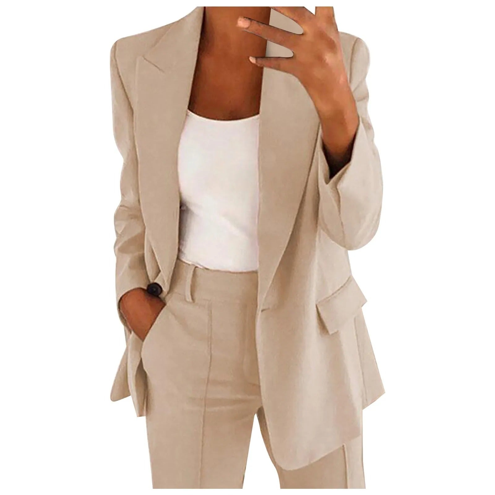 Levoire | Tailleur Femme Avec Veste Bleue Et Pantalon Uni Beige