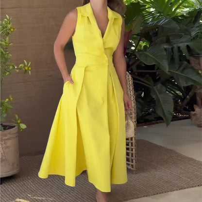 Levoire | Robe Midi Avec Décolleté En V Élégant JAUNE