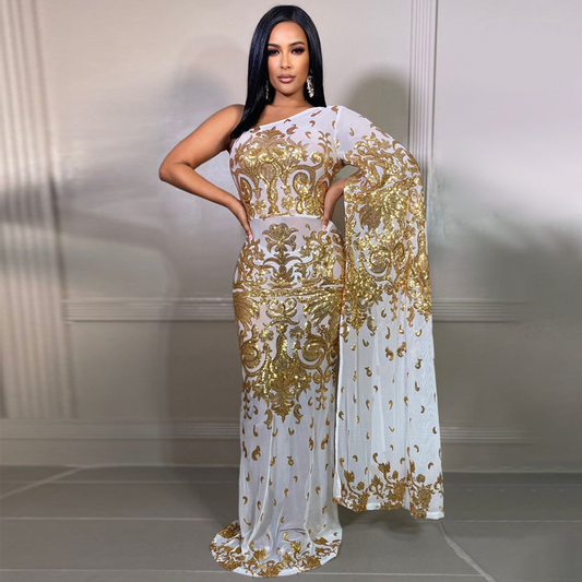 Levoire | robe en filet longue et ajustée avec une épaule flottante transparente OU