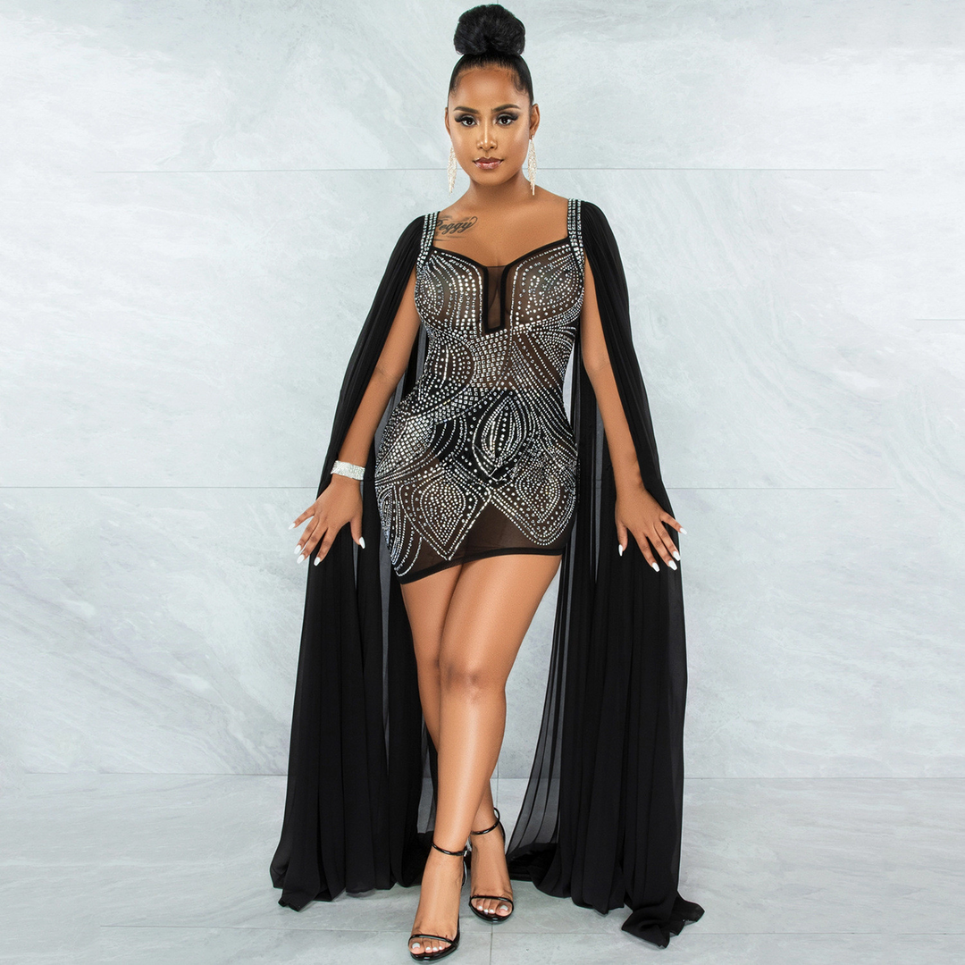 Levoire | robe courte scintillante à décolleté plongeant à manches longues en filets transparents NOIR