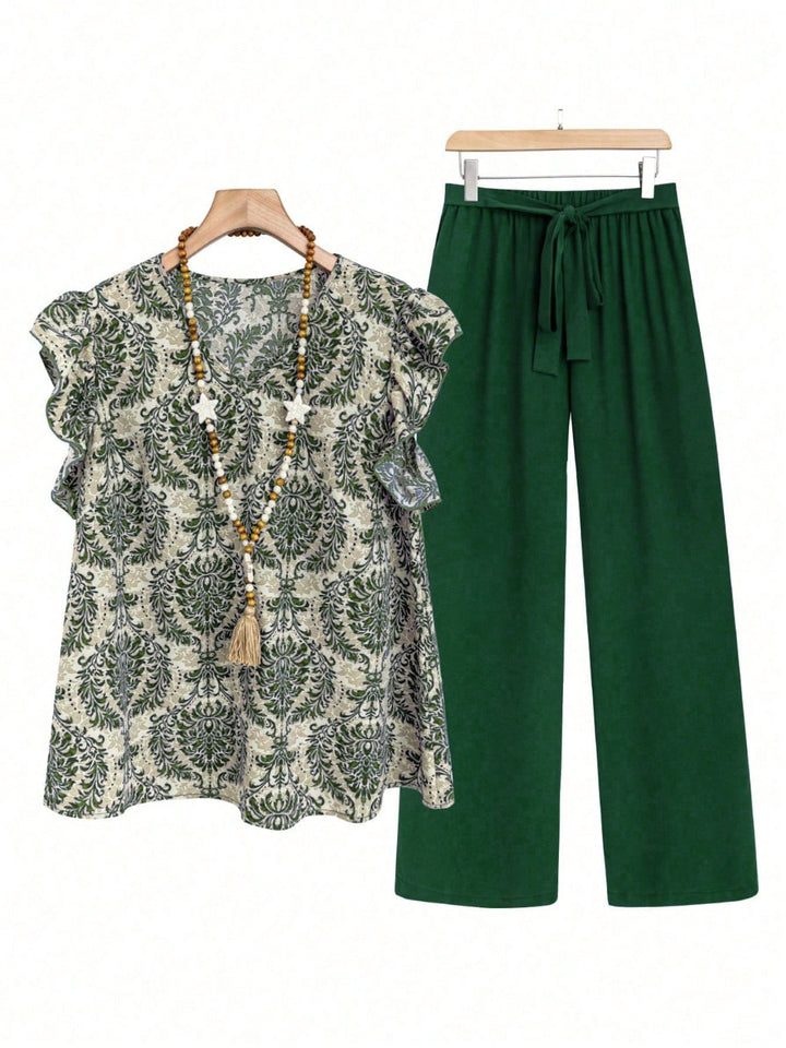 Levoire | Cap Ruffle Top Et Pantalon Set Vert foncé
